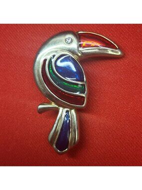 Vintage Gold Tone Enamel Multicolor Toucan Brooch Pin